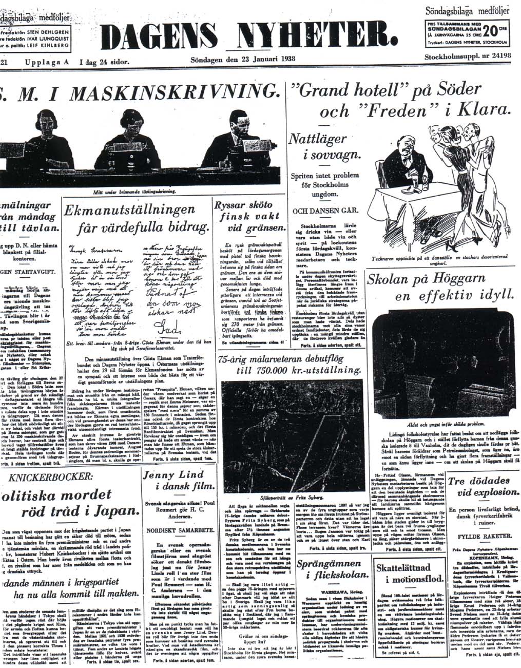 Skrivna källor Första sidan ur DN 23 januari 1938 En