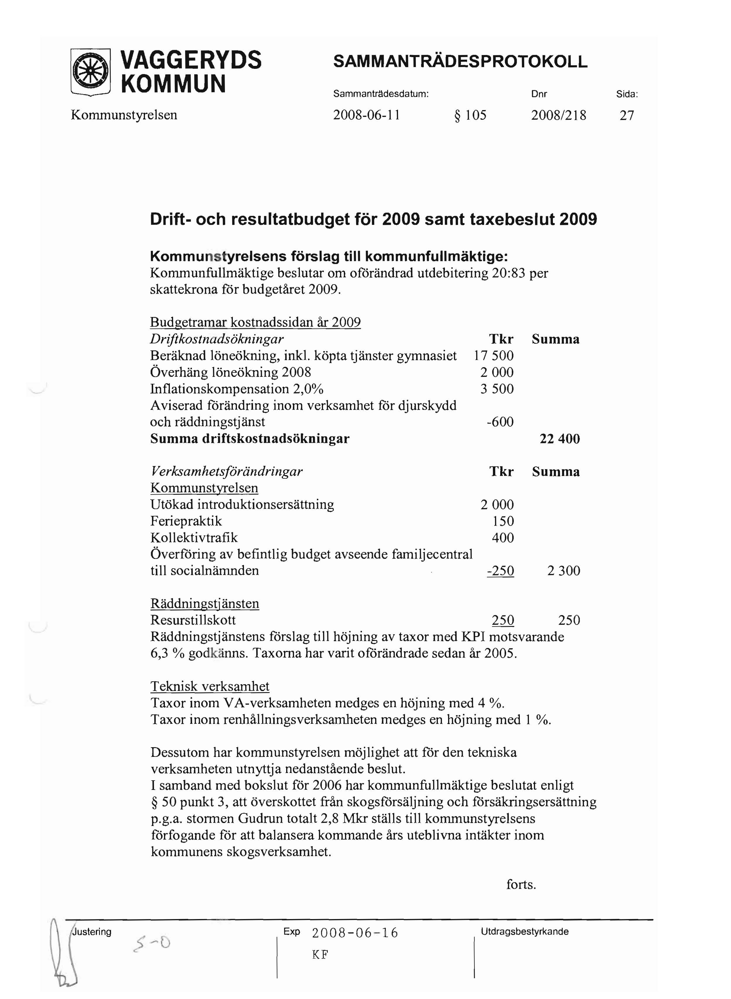 ~ KOMMUN Sammantr~desdatum: Dnr Sida: Kommunstyrelsen 2008-06-11 105 2008/218 27 Drift- och resultatbudget för 2009 samt taxebeslut 2009 Kommunstyrelsens förslag till kommunfullmäktige: