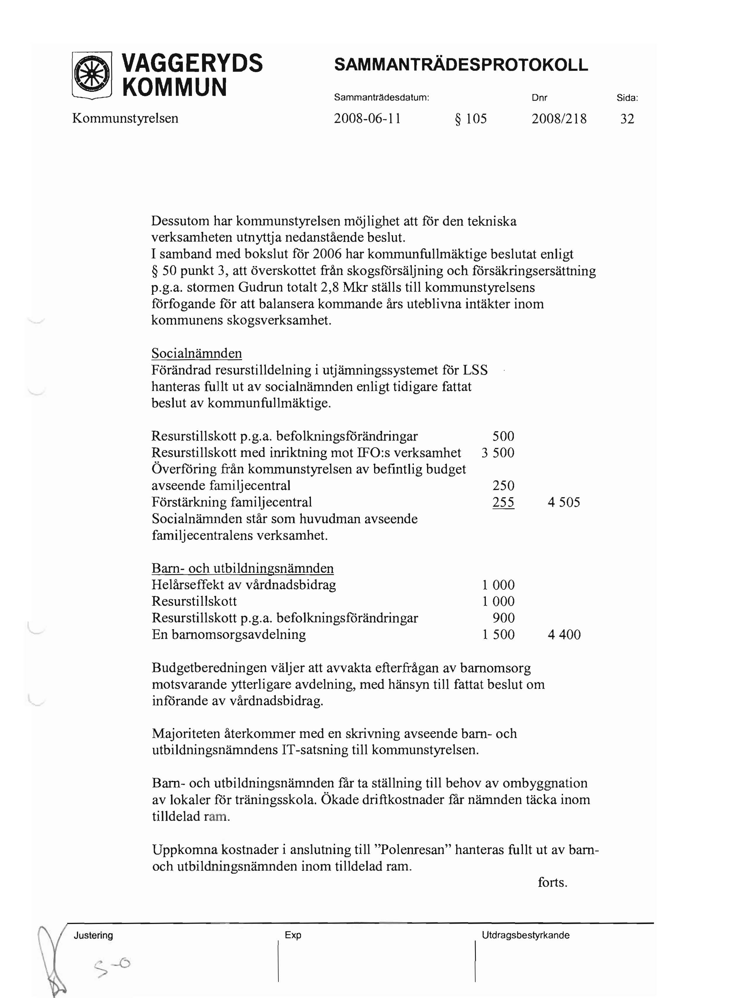 ~ KOMMUN Sammanträdesdatum: Dnr Sida: Kommunstyrelsen 2008-06-11 105 2008/218 32 Dessutom har kommunstyrelsen möjlighet att för den tekniska verksamheten utnyttja nedanstående beslut.