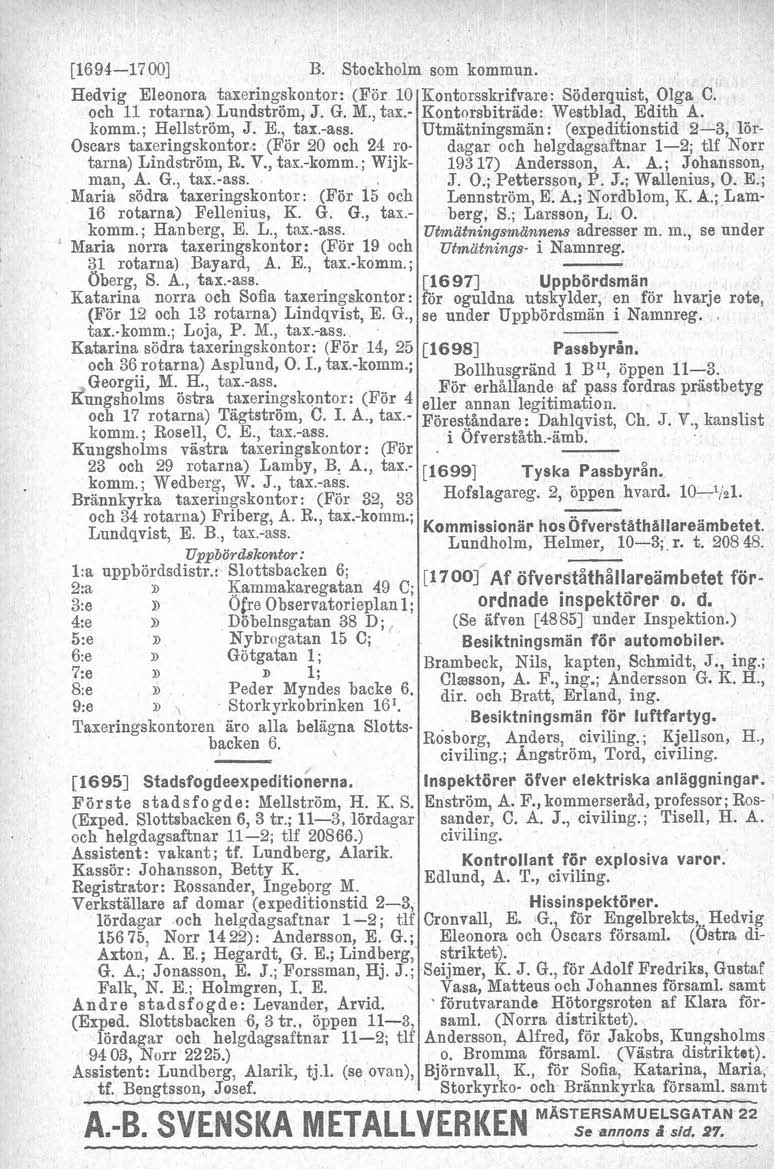 1694-17001 B. Stockholm som kommun. Hedvig Eleonora taxerinwskontor: (För 10 och 11 rotarna) n und ström, J. G. M., tax.- komm.; Hellström, J. E., tax.-ass.