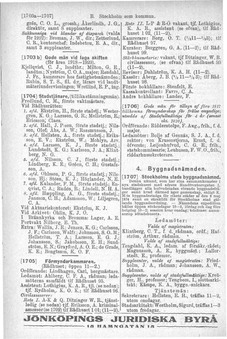 I l 117 03a-17 071 B. Stockholm grén, C. O. L., grossh.; Akerlindh, J. G., direktör, samt 8 suppleanter. Sakkunniga vid klander af diqa8ch (valda för 1922): Broman, J. W., dir.; Zetterlund, C. R.