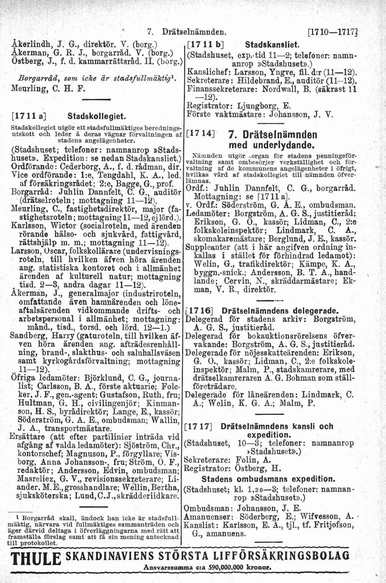 " 7. Dräbselnamnden. [l710-1717] Akerlindh, J. G., direktör. V. (borg.) [l711 b] Stadskansliet. Akerman, (3. R. J., borgarråd. V. (borg.) (Stadshuset, exp..tid 11-2; telefoner: namn- Ostberg, J., f.