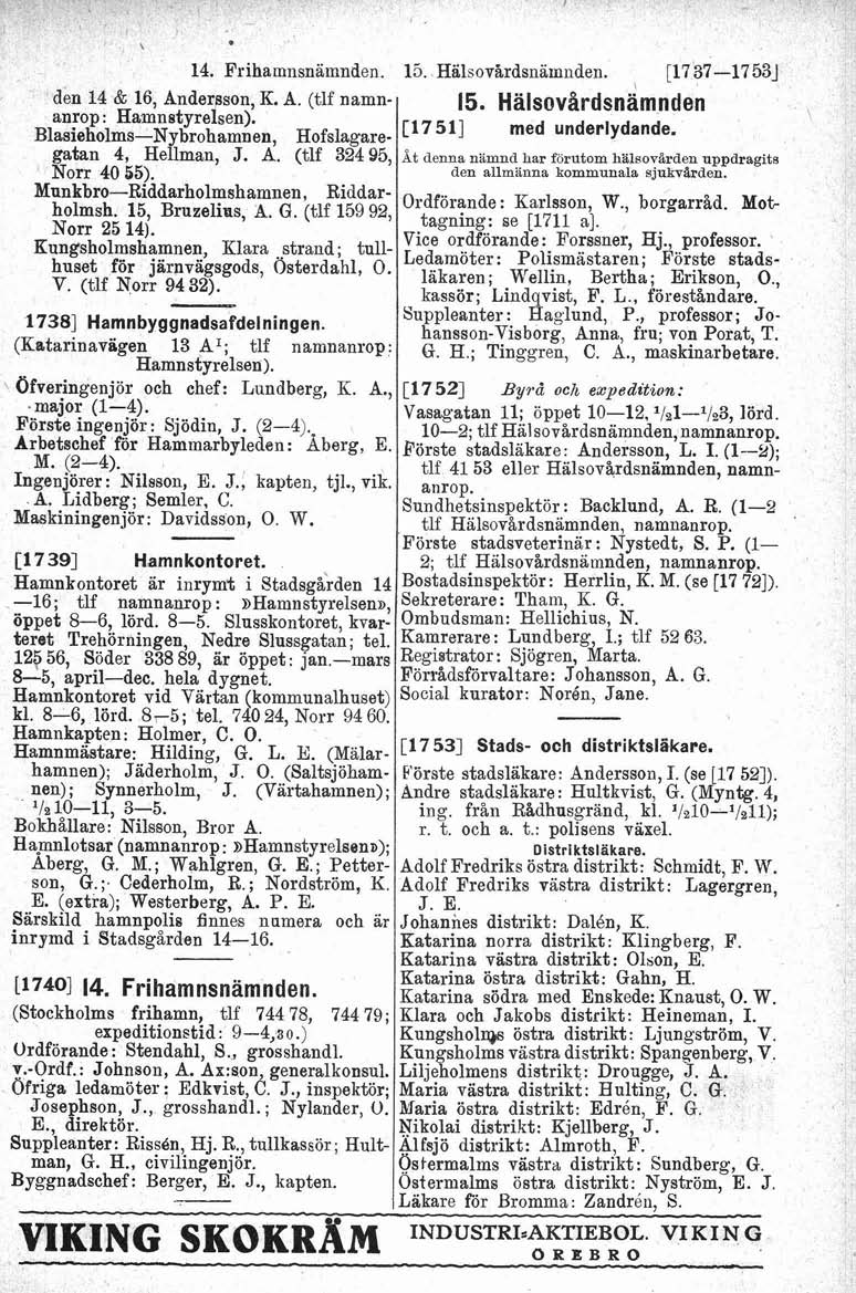 14. Frihamnsnämnden. 15. HälsovBrdsnamnden. [l737-1753j den 14 & 16, Anderpson, K. A. (tlf namn- 15. ~alsov~rdsnamnden anrop : Hamnstyrelsen).