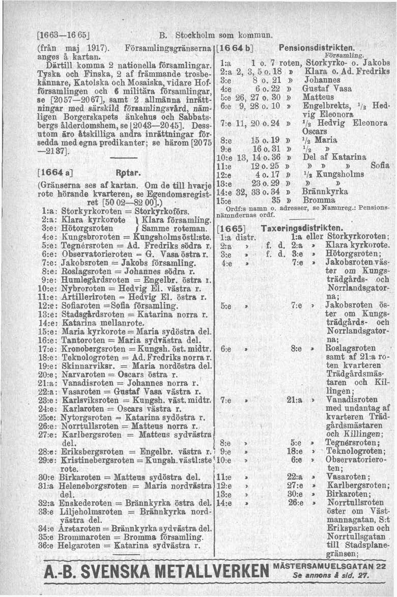 I [1663-16 651 B. Stockholm som kommun. (från maj 1917). Församlingsgränserna anges å kartan. Dirtill komma 2 nationella församlingar.