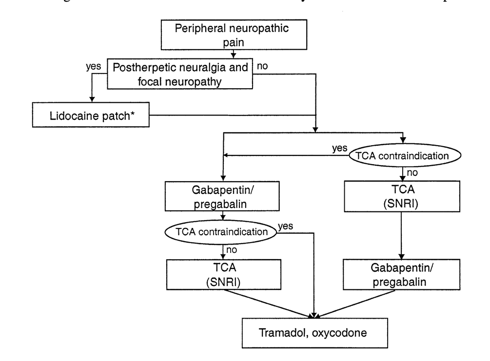 Figur 4. Rekommenderad behandling med läkemedel mot neuropatisk smärta (NPS). Algoritmen från Finnerup, et al. (5). TCA =tricyclic antidepressants.