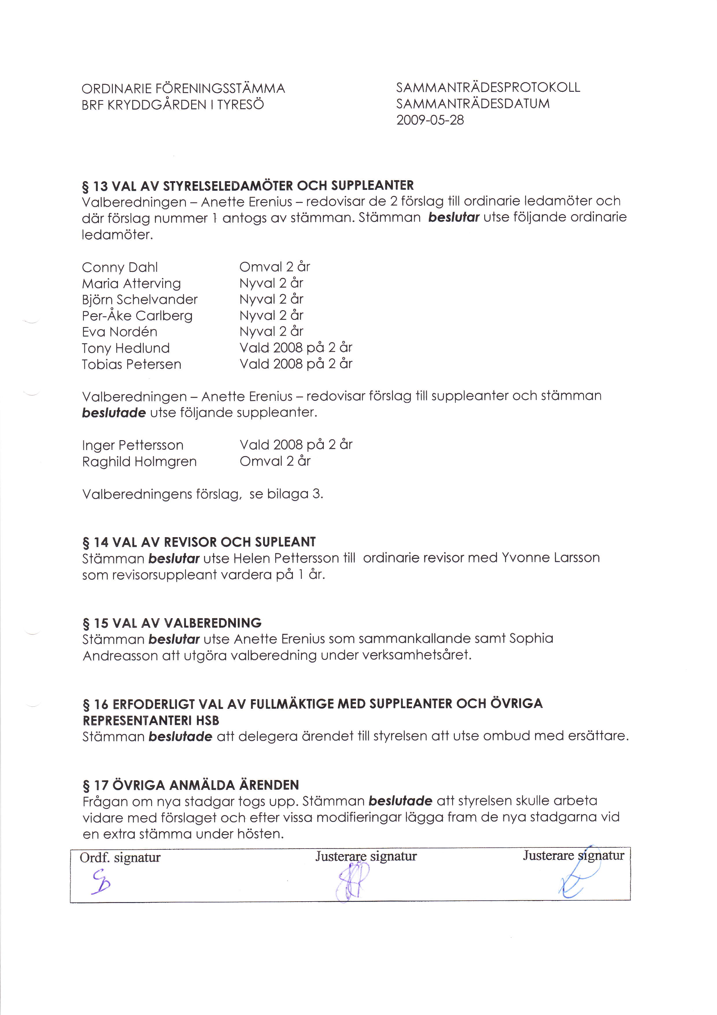 ORDINARIE FÖRENINGSSTÄMMA BRF KRyDDcÅnorN trvnrsö SAMMANTRÄDESPROTOKOLL SAMMANTRÄorsoRruu S r3 val AV styrelsetroemöter och SUPPLEANTER Volberedningen - Anette Erenius - redovisor de 2 förslog till