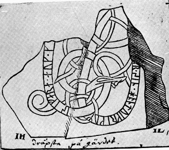 U446 Odensala Plats: Droppsta. Status: Fragment och numer försvunnet. Inskrift: isifara (Eistfari) och sin Han dog i Krikum. Kommentar: Ristningen berättar om en person som dog i Grekland.