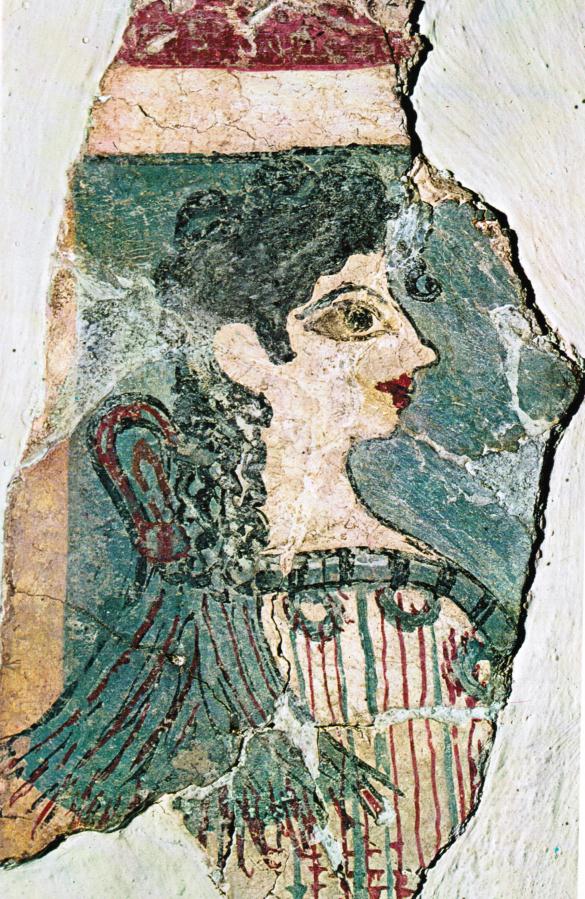 Denna fresk i Knossos döptes när den påträffats till Parisiskan. Den tycktes innehålla allt av kvinnlig skönhet: stora ögon, lockigt hår, röda läppar och vacker näsa. 1.