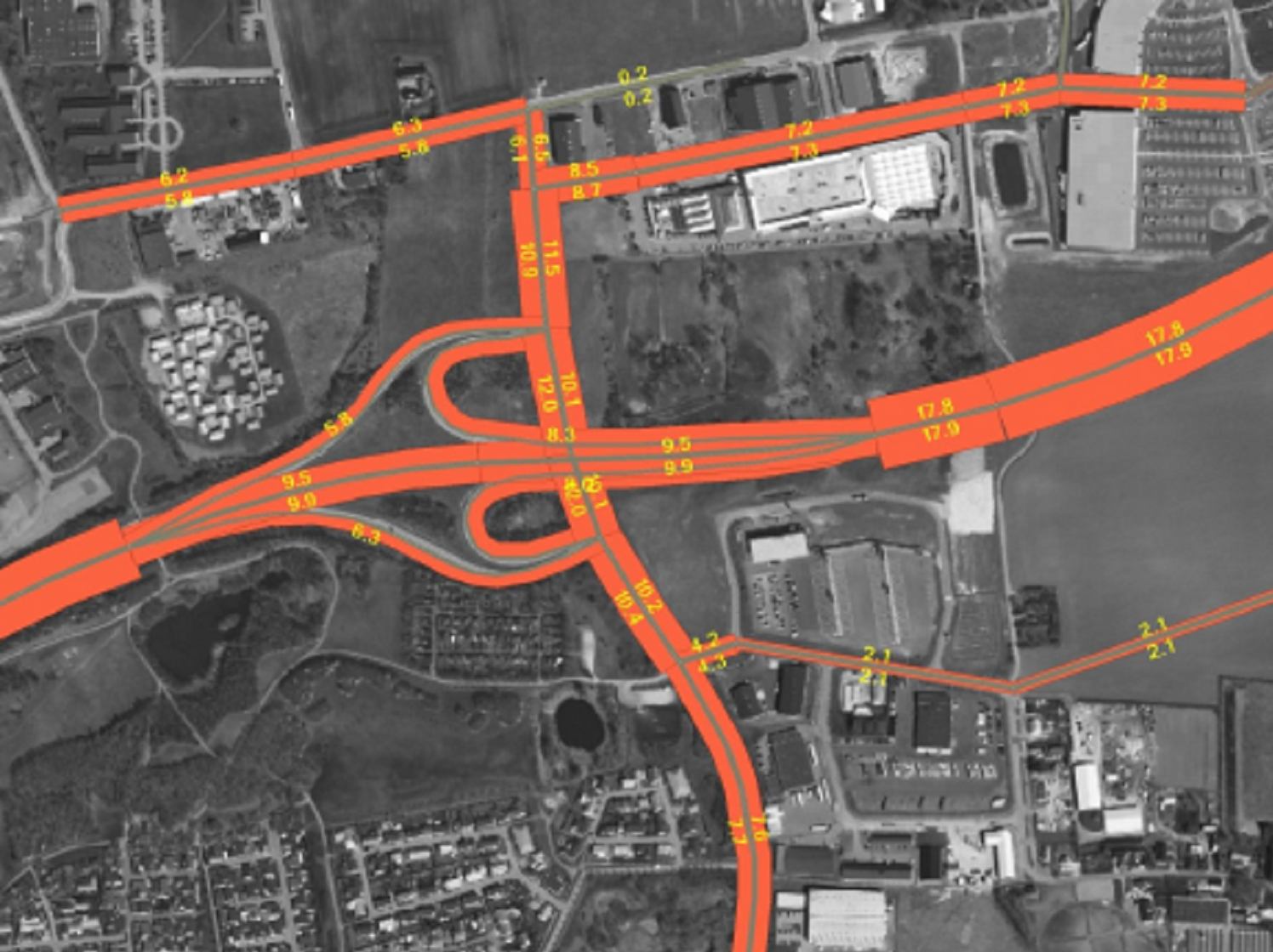 Figur 4 Simulerad trafik vid trafikplats Flansbjer, trafiksituation 2030 (tusentals fordon per vardagsmedeldygn) [källa: Malmö Stad, Gatukontoret] 2.1.