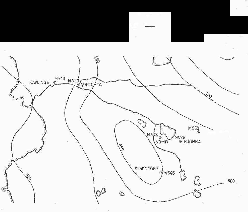 Av tabe&n framgår, att den högsta nederbörden, 972 mm, inträffade 1966 vid Simontorp OC' den ägsta, 392 mm, ur 1947 viti Vomb.