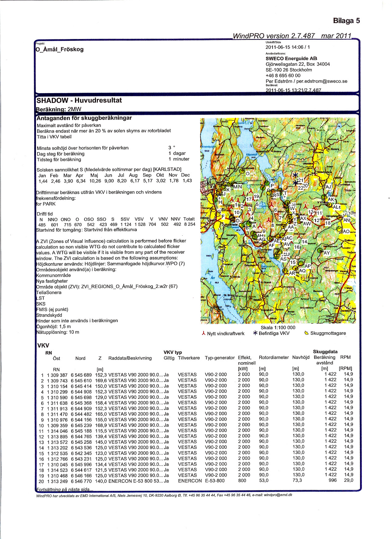 Ijekl: _Åmål_Fröskog Bilaga5 WindPRO version 27487 mar 2011 UtskriftlSlda 2011061514:06/1 Anvåndarilcens: SE100 26 Stockholm Per Edström / peredstrom@swecose Berlknal: SHADOW Huvudresultat eräknin :