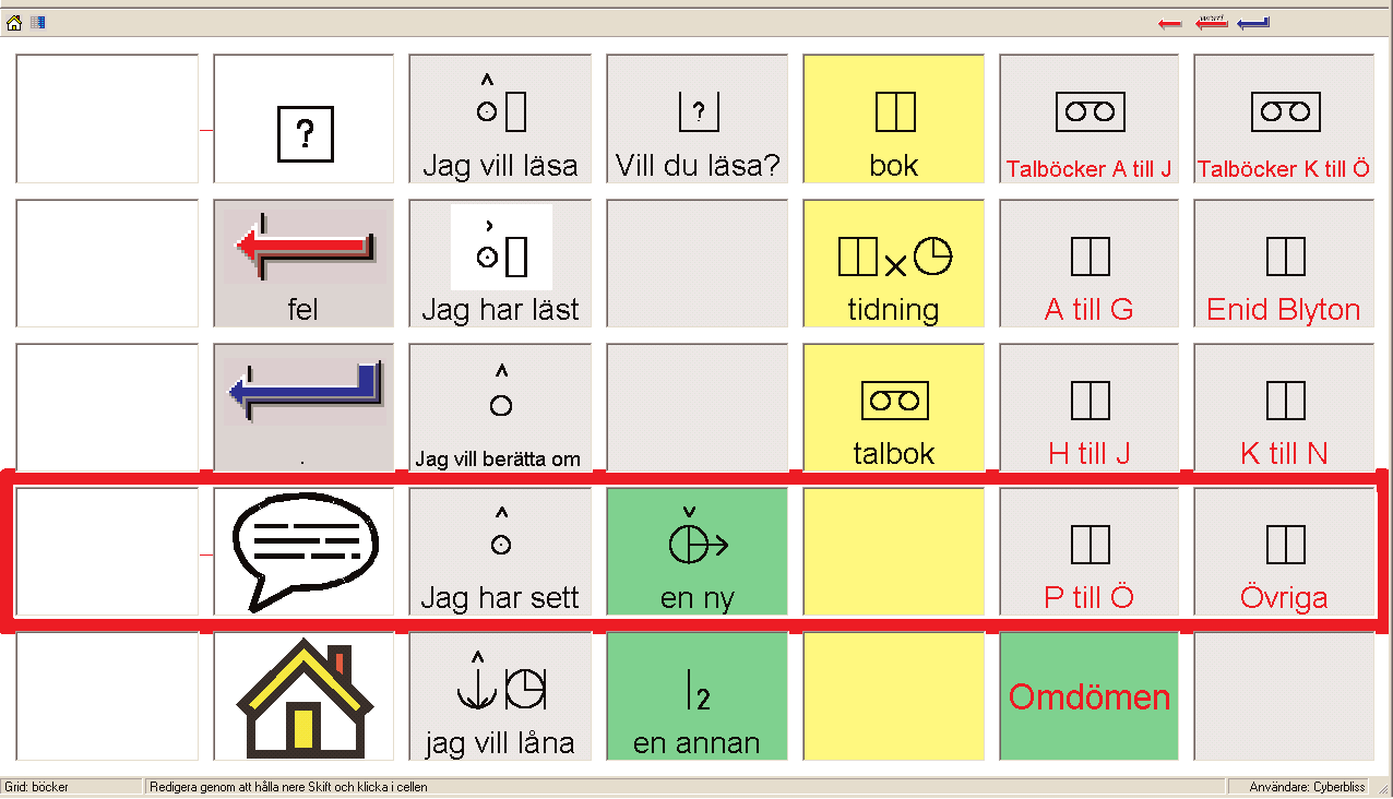 Figur 9. Ämnesbaserad sida i Clicker 3. Här kan Annelie välja och tala om böcker Från den första boksidan ledde de sidor som hade röd text vidare till andra sidor.