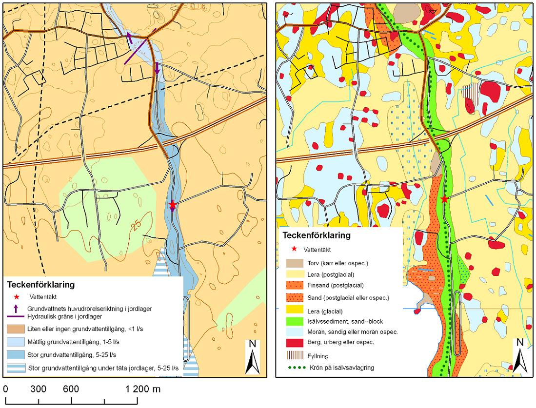 Lantmäteriverket Gävle 2008. Medgivande I 2008/1646. Figur 8. Lokal grundvattenkarta (till vänster) samt lokal jordartskarta (till höger) för området runt Sticksjös vattentäkt.