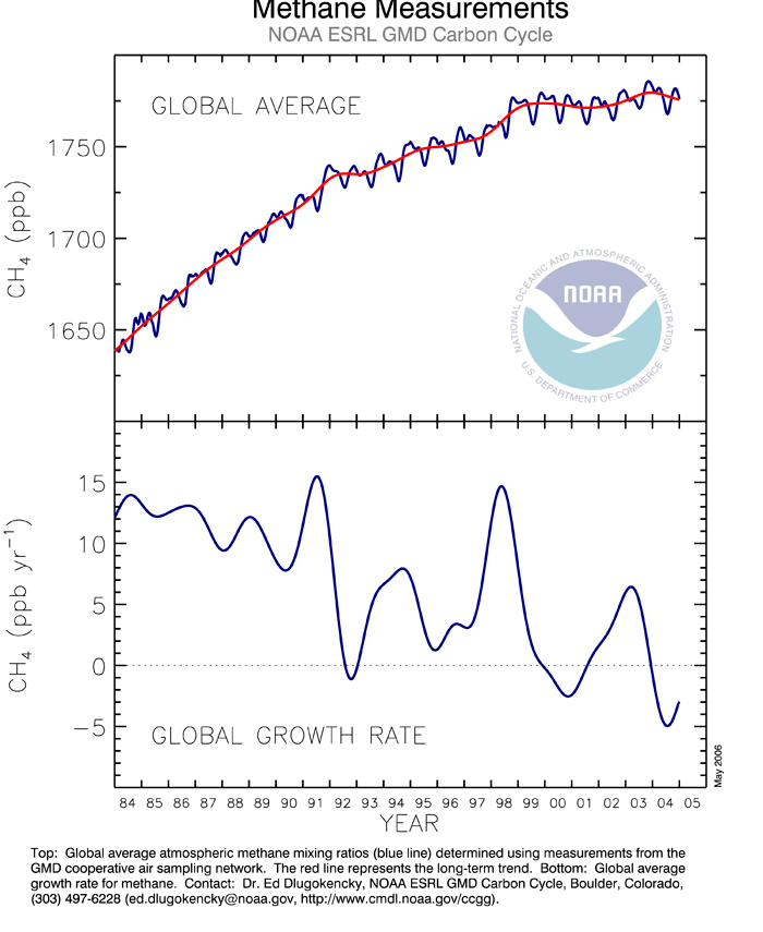 Metanhalten har ökat i atmosfären, troligen ända sedan odling inleddes (många 1000 år sedan). Ökningen tycks ha bromsats under senare tid (bilden visar 1984-2005).