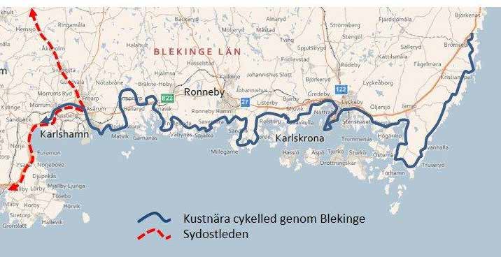 Kustnära sträckning totalt drygt 20 mil! Ett förslag till led har tagits fram med en total längd från Bröms i öster till Skånegränsen (Valje) i väster på ca 22 mil.