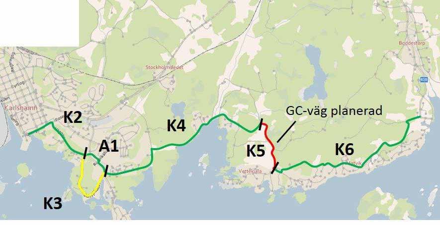 Sträcka K2K6: KarlshamnVettekullaMatvik Sträcka Vägtyp/ Längd ÅDT SDT Hastighet Trafik Bekvämvägnr (m) (bil/ (upp (km/h) säkerhet lighet lastbil) skattad) K2 Turistbyrån i Karlshamn till Väggaslingan