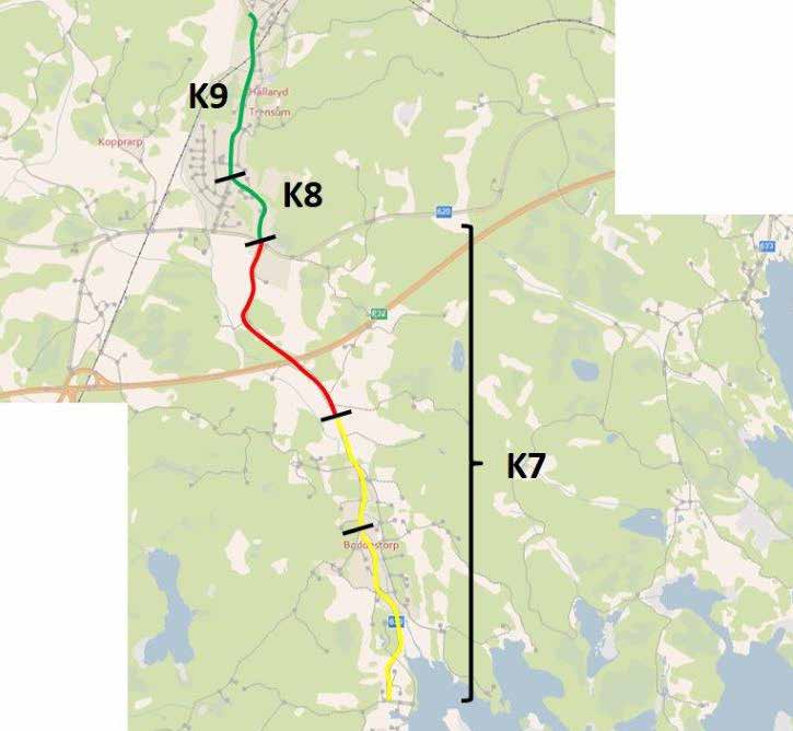 Sträcka K7K9: MatvikBoddestorpHällaryd Sträcka Vägtyp/ Längd ÅDT SDT Hastighet Trafik Bekvämvägnr (m) (bil/ (upp (km/h) säkerhet lighet lastbil) skattad) K7 Matvikshamnsvägen 630 1 400 351/15 600 50