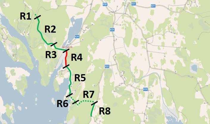 Sträcka R1R8: Kommungränsen Karlshamn/RonnebyJärnavikAnneberg Sträcka Vägtyp/ Längd ÅDT SDT Hastighet Trafik Bekvämvägnr (m) (bil/ (upp (km/h) säkerhet lighet lastbil) skattad) R1 Ingång Ronneby via