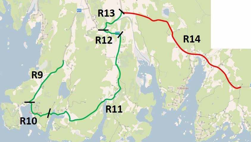 Sträcka R9R14: AnnebergGarnanäsSonekullaVieryd Sträcka Vägtyp/ Längd ÅDT SDT Hastighet Trafik Bekvämvägnr (m) (bil/ (upp (km/h) säkerhet lighet lastbil) skattad) R9 Till vägskäl Gyö Enskild,