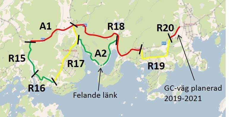 Sträcka R15R20: VierydTrollebodaSpjälköSaxemara Sträcka Vägtyp/ Längd ÅDT SDT Hastighet Trafik Bekvämvägnr (m) (bil/ (upp (km/h) säkerhet lighet lastbil) skattad) R15 638 till Bökevik Enskild,