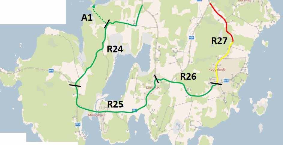 Sträcka R24R27: AspanMillegarneKorsanäsKuggebodaBökenäs Sträcka Vägtyp/ Längd ÅDT SDT Hastighet Trafik Bekvämvägnr (m) (bil/ (upp (km/h) säkerhet lighet lastbil) skattad) R24 Väg Göholm Enskild 3 000