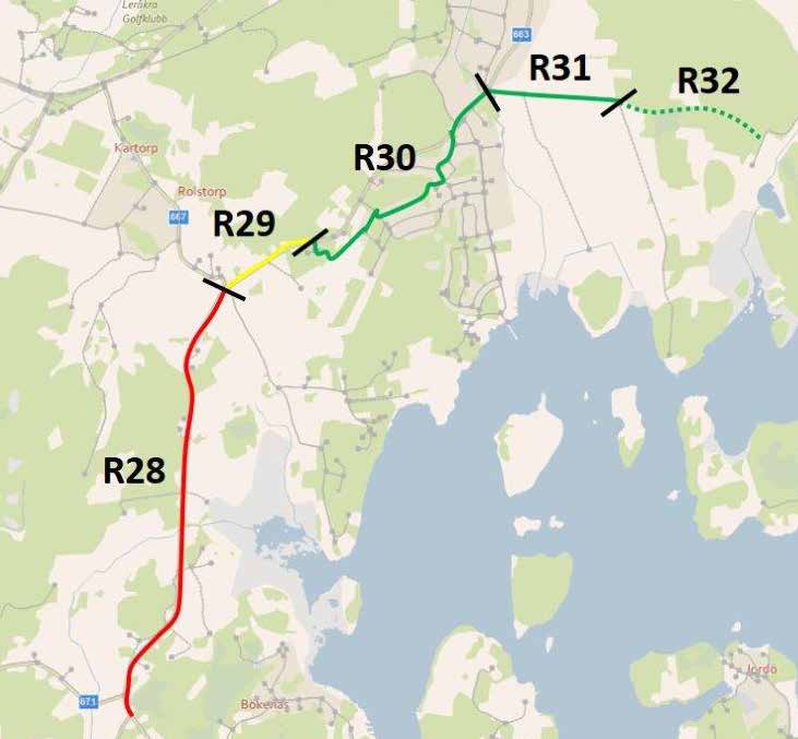 Sträcka R28R32: BökenäsRolstorpListerbyVambåsa Sträcka Vägtyp/ Längd ÅDT SDT Hastighet Trafik Bekvämvägnr (m) (bil/ (upp (km/h) säkerhet lighet lastbil) skattad) R28 Vägskäl 663/696 till Yxnerum 663