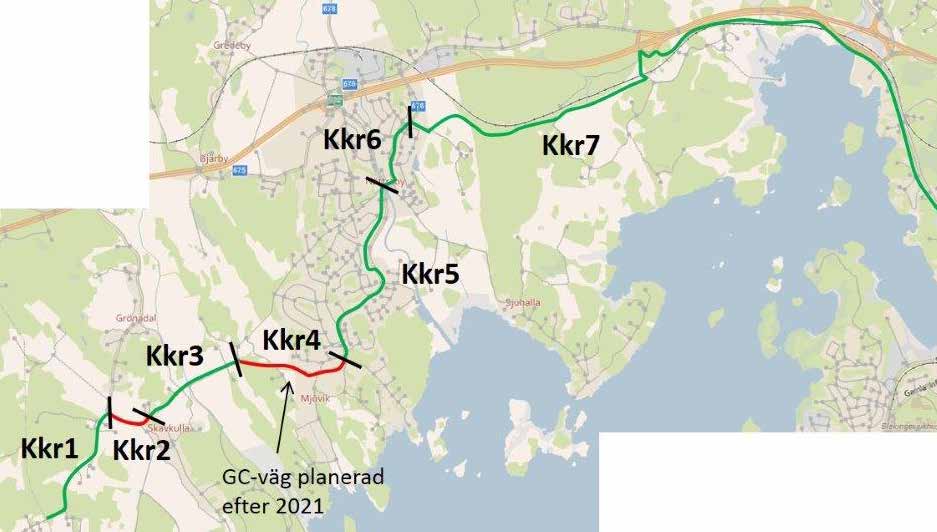 Sträcka Kkr1Kkr7: Kommungränsen Ronneby/ KarlskronaSkavkullaMjövikNättrabyMotellet/CityGross Sträcka Vägtyp/ Längd ÅDT SDT Hastighet Trafik Bekvämvägnr (m) (bil/ (upp (km/h) säkerhet lighet lastbil)