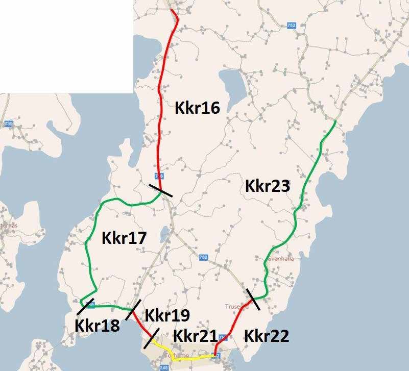 Sträcka Kkr16Kkr23: JämjöTorhamnTruserydSvanhalla Sträcka Vägtyp/ Längd ÅDT SDT Hastighet Trafik Bekvämvägnr (m) (bil/ (upp (km/h) säkerhet lighet lastbil) skattad) Kkr16 Mot Torhamn 748 4 900