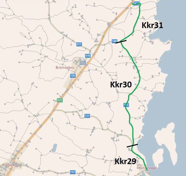 Sträcka Kkr29Kkr31: KristianopelBröms Sträcka Vägtyp/ Längd ÅDT SDT Hastighet Trafik Bekvämvägnr (m) (bil/ (upp (km/h) säkerhet lighet lastbil) skattad) Kkr29 Norr Kristianopel till