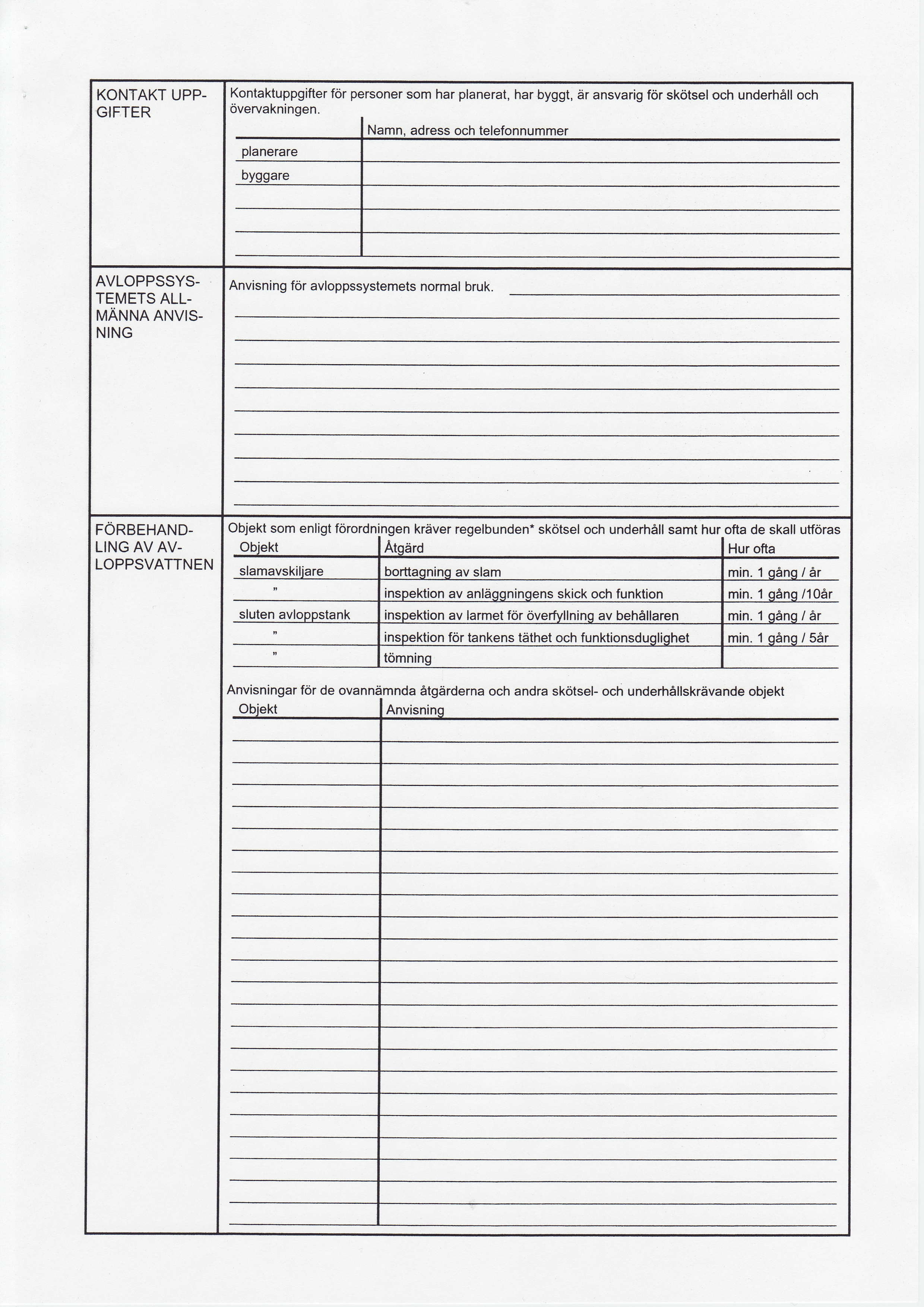 KONTAKT UPP- GIFTER Kontaktuppgifter for personer so har planerat, har byggt, dr ansvarig for skotsel och underh6ll och overvakningen. I I Nan, adress och telefonnuer ptanerare AVLOPPSSYS.