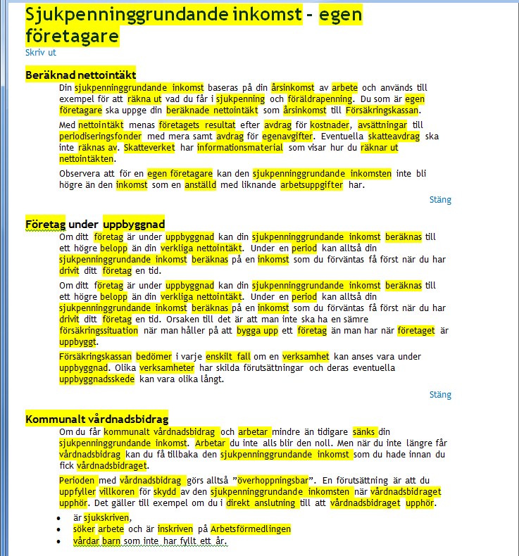 Figur 1. Termkandidater i ett html-dokument från Försäkringskassan. Ord och fraser markerade med gult (grått vid svartvit utskrift) är alltså möjliga termer enligt termextraktionsmodulen.