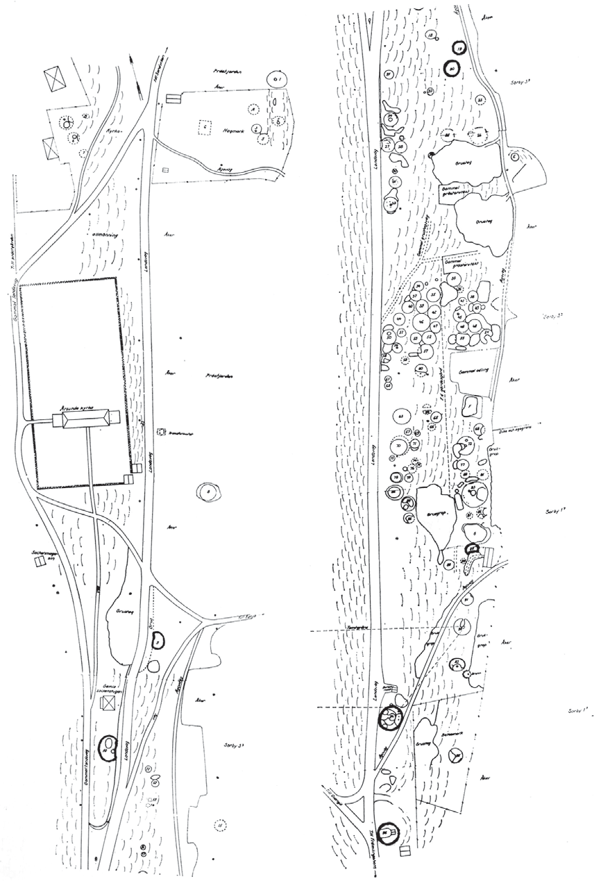 enstaka lågteknisk slagg RAÄ 156 slaggf. RAÄ 197 slaggf. RAÄ 398 slaggf. Bild 38. RAÄ s kartering av Sörbygravfältet med av länsmuseet tillagda markeringar.