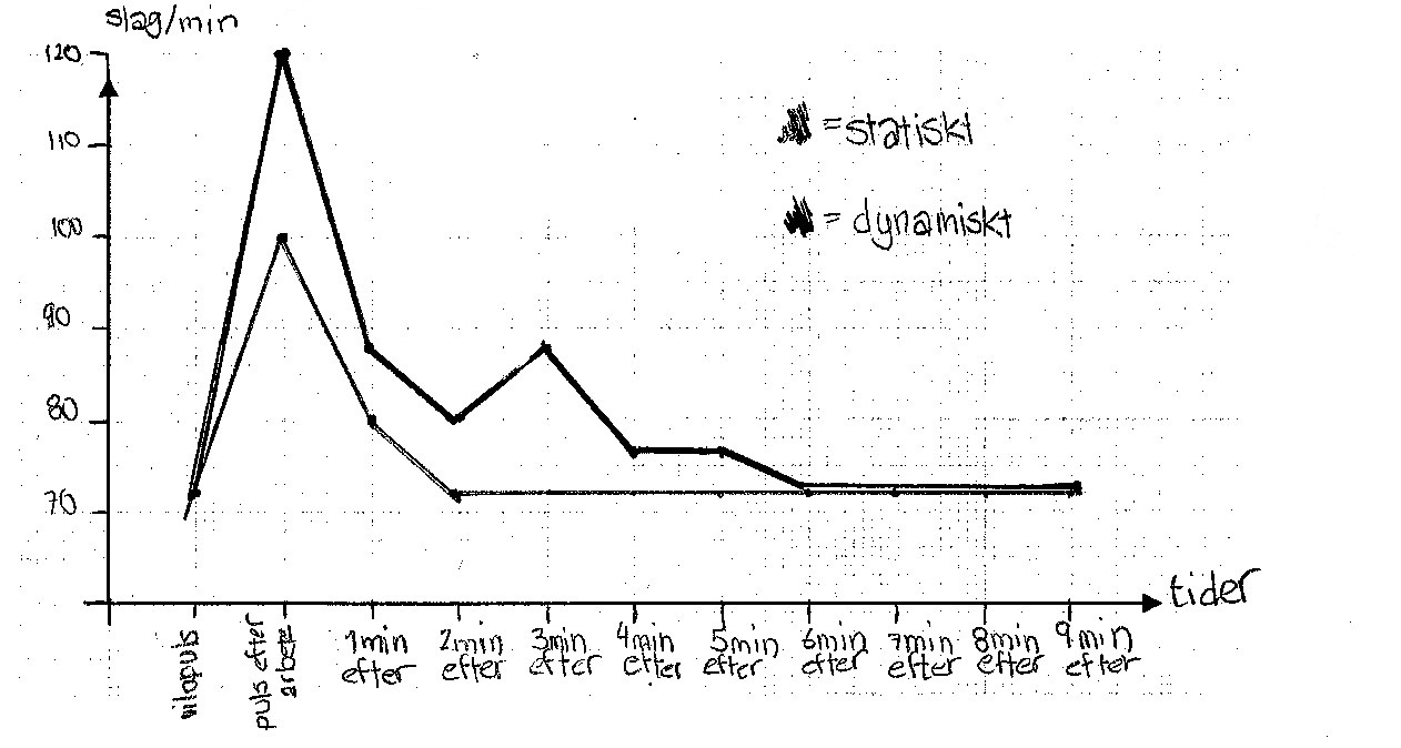 13. Utvärdering a) Eleven redovisar resultatet av pulsförändringarna genom att rita in mätvärdena för statiskt dynamiskt muskelarbete i det