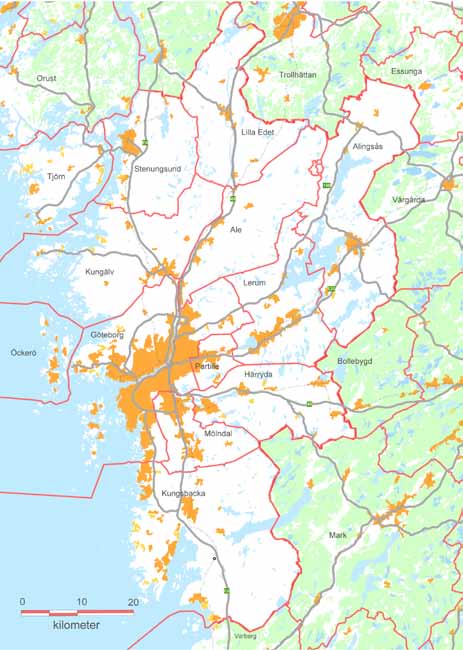 Göteborgsregionens tretton kommuner som ingår i