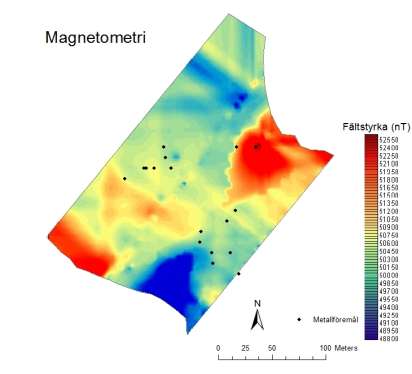 SGC Rapport 2012:266 liserad IP, medan det högresistiva lager som tolkas som berggrund i övrigt ger små normaliserade IP-effekter. Magnetometri Resultaten av magnetometrimätningarna visas i figur 3.