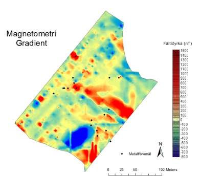 Figur 3.32. Magnetomerti, gradient. I figur 3.32 visas den magnetiska gradienten, som beräknas som skillnaden mellan värdena från de två horisontella sensorerna på magnetometern.