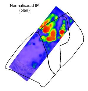 SGC Rapport 2012:266 N Figur 4.10. Storskaliga mätningar av normaliserad IP som plankarta. De svarta polygonerna motsvarar områdena A, B och C på Filbornadeponin enligt figur 2.14.