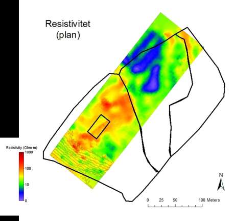 SGC Rapport 2012:266 Figur 4.12. Storskaliga- och detaljerade mätningar av resistivitet som plankarta. De svarta polygonerna motsvarar områdena A, B och C på Filbornadeponin enligt figur 2.