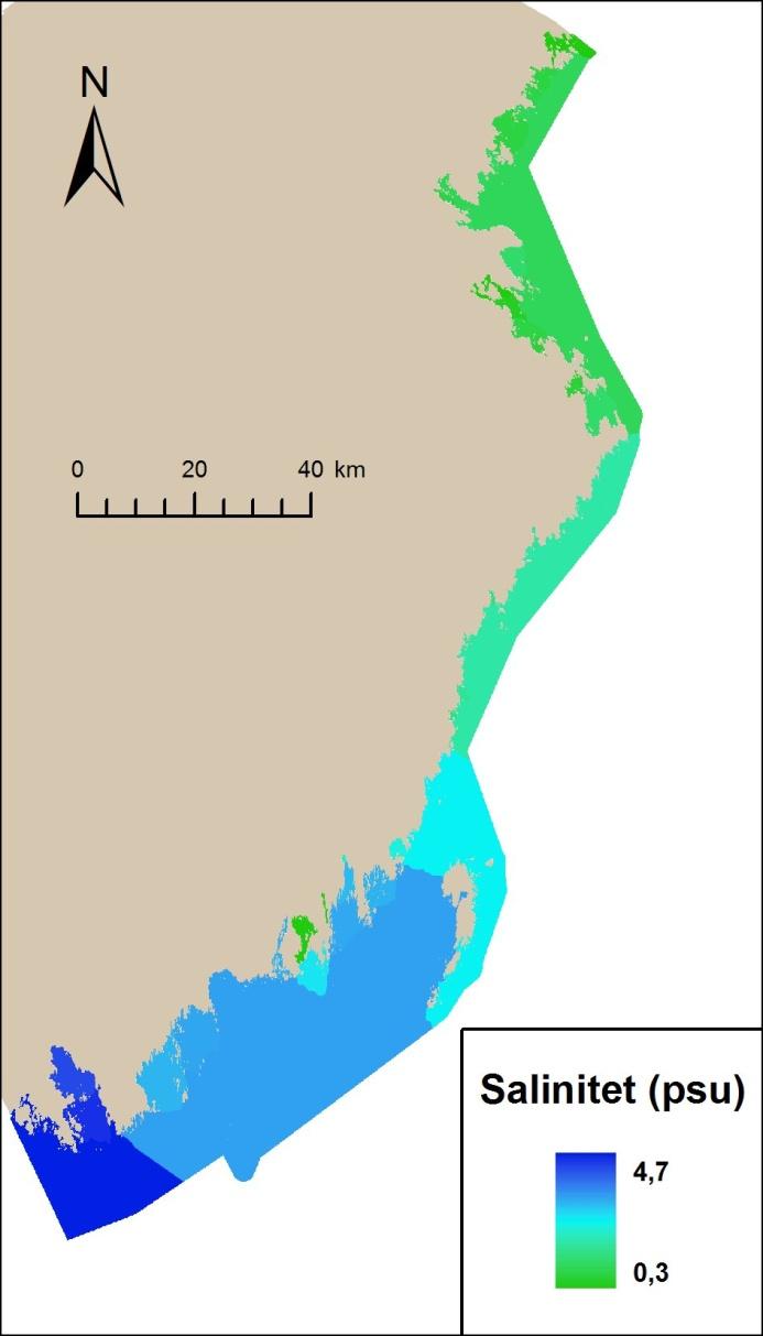 Figur 4. Salinitetskarta som bygger på data hämtat från databasen HOME. Natura 2000 och Naturreservat Områden med särskilt skyddsvärde som skyddas med miljöbalkens kapitel 7.