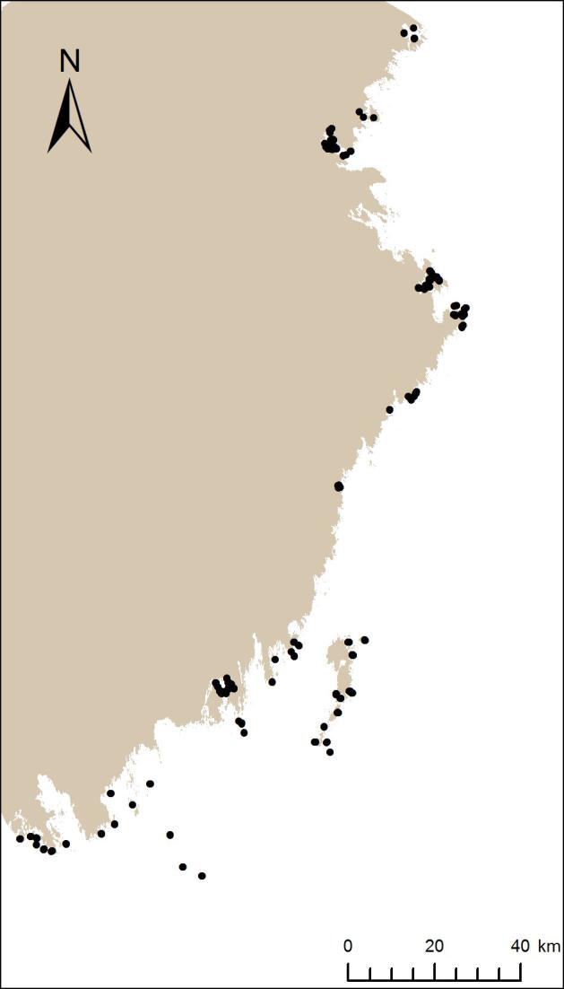 Figur 1. Till vänster, Översikt av den geografiska fördelningen av de 135 dyktransekter som använts för analyser i projektet. Den högra kartan visar de 355 videotransekterna som använts.