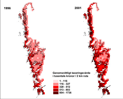 Figur 3. Genomsnittligt taxeringsvärde/2 km ruta 1996 och 2001 i Västra Götalands kust- och skärgårdsområden. Västra Götalands kust- och skärgårdsområden har hög attraktionskraft vilket bl.a. visas av stigande taxeringsvärden.