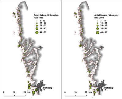 Figur 5. Antal verksamma fiskare beräknat per kilometerruta i Västra Götalands kustzon 1996 och 2000.