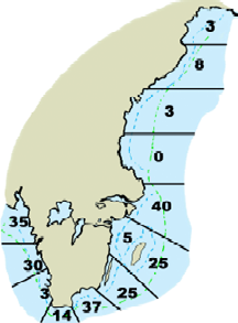Figur 14. Geografisk fördelning av bekräftade oljeutsläpp inom svenskt ansvarsområde 2002. Källa: Kustbevakningen.