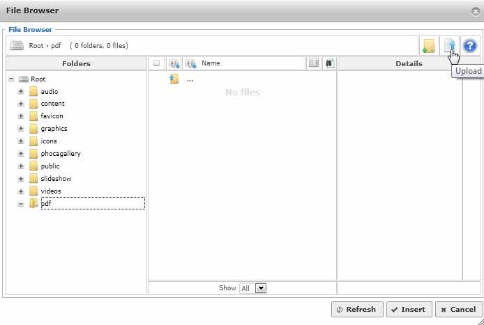 Joomla Guide 2.5.11 LÄNKAR LADDA UPP EN PDF & LÄNKA TILL I ARTIKEL Sida 7 av 11 14. Nu står du i mappen pdf. Här ska vi ladda upp en PDF-fil. OBS!