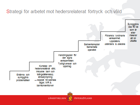 Strategin kan illustreras med en trappa: När Länsstyrelsen Östergötland fick uppdraget att förebygga och förhindra att unga blir gifta mot sin vilja, fanns det redan upparbetade samarbeten i landet