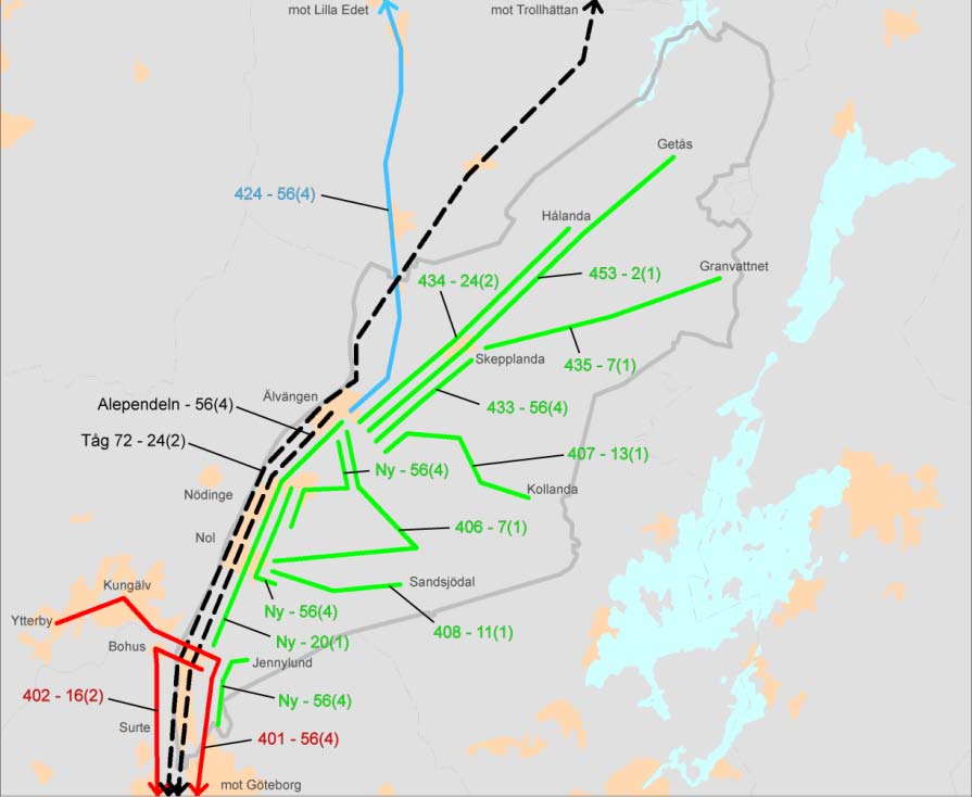 FÖRSLAG TILL FRAMTIDA TRAFIKERING I ALE KOMMUN ALE 2025 00 00 (0) Regional busstrafik mot Göteborg Övrig regional busstrafik Lokal busstrafik Tåg Dubbelturer i maxtimmen Dubbelturer/var Linjenummer