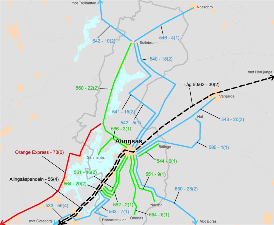 FÖRSLAG TILL FRAMTIDA TRAFIKERING I ALINGSÅS KOMMUN ALINGSÅS 2025 00 00 (0) Regional busstrafik mot Göteborg Övrig regional busstrafik Lokal busstrafik Tåg Dubbelturer i maxtimmen Dubbelturer/var