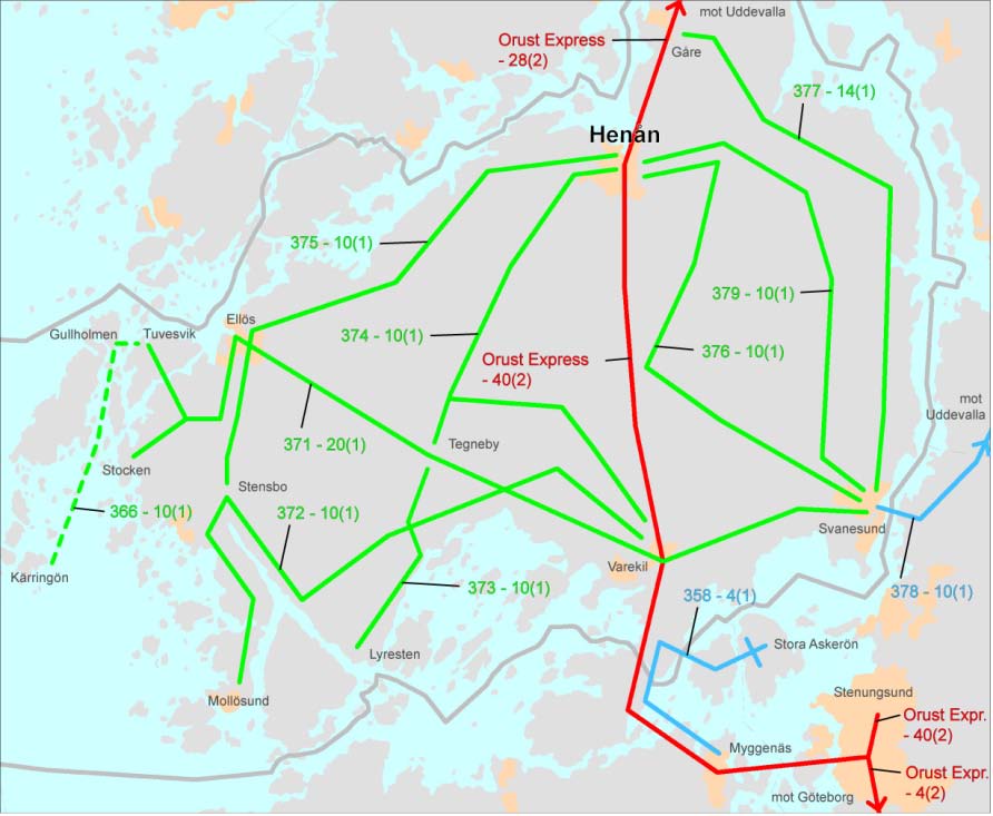 FÖRSLAG TILL FRAMTIDA TRAFIKERING I ORUSTS KOMMUN ORUST 2025 00 00 (0) Regional busstrafik mot Göteborg Övrig regional busstrafik Lokal busstrafik Dubbelturer i maxtimmen Dubbelturer/var Linjenummer