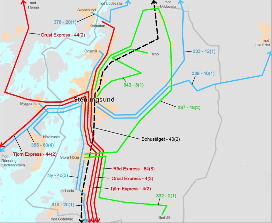 FÖRSLAG TILL FRAMTIDA TRAFIKERING I STENUNGSUNDS KOMMUN STENUNGSUND 2025 00 00 (0) Regional busstrafik mot Göteborg Övrig regional busstrafik Lokal busstrafik Tåg Dubbelturer i maxtimmen