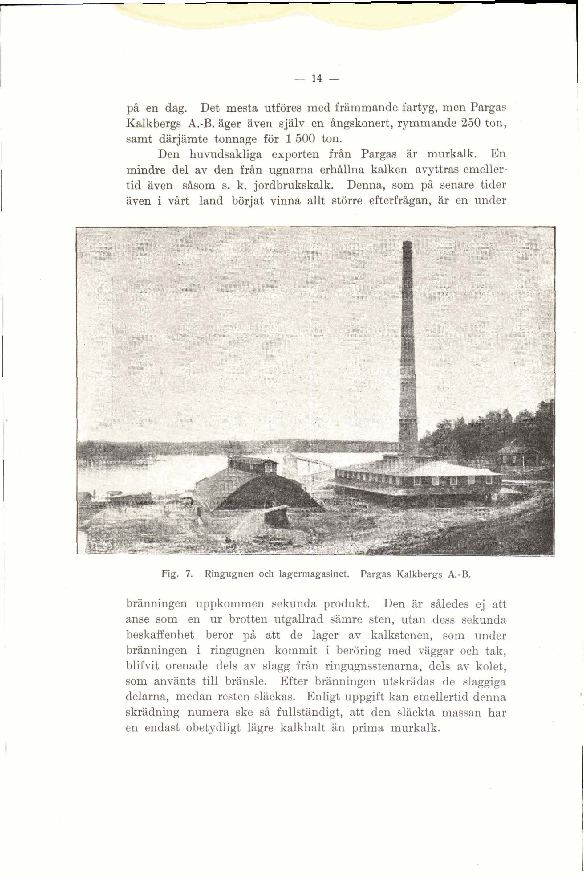 p& en dag. Det mesta utfores med främmande fartyg, men Pmgas Kalkkergs A.-B. Qer aven själv en &ngskonert, rymmande 250 ton, m t daijiimte tonnage för 1500 ton.